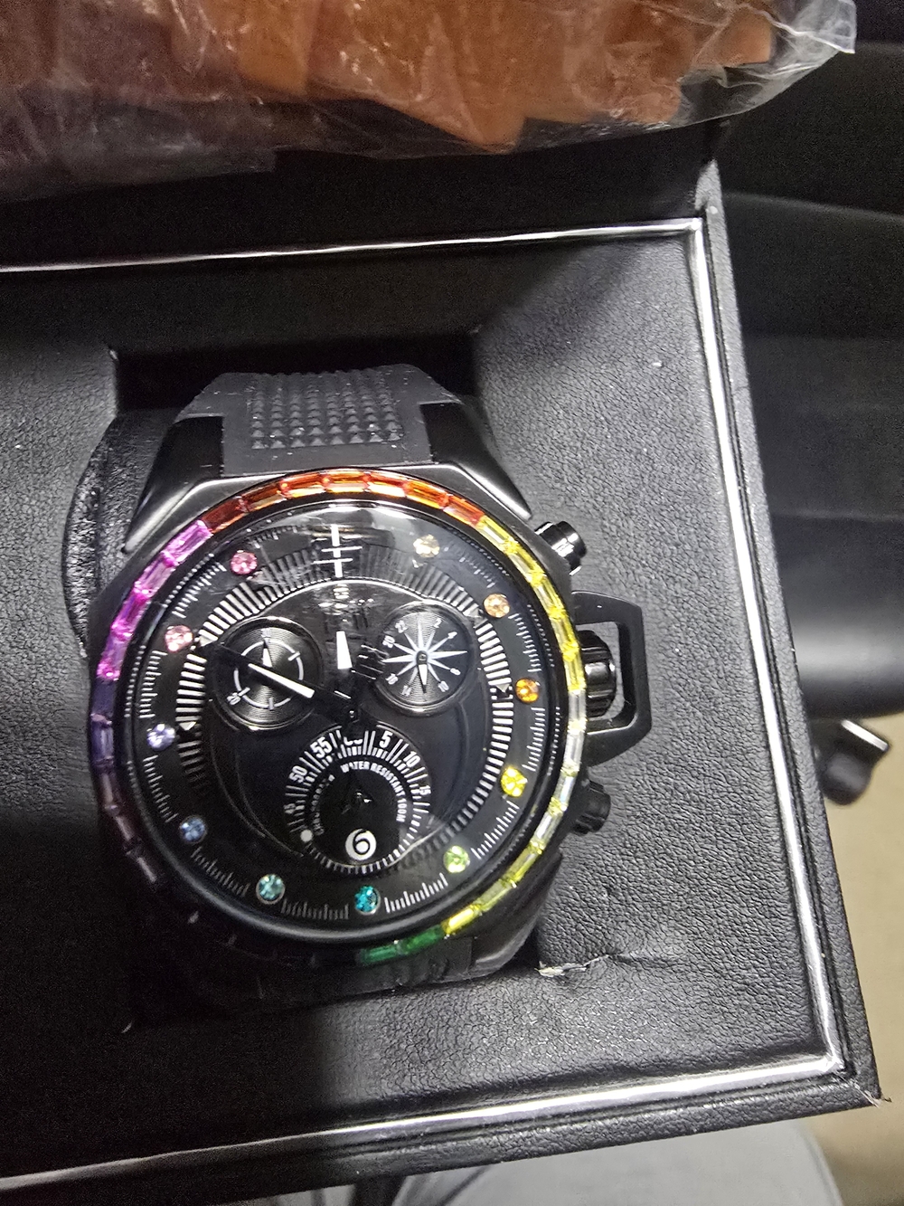 Black Men's Chronograph Watch with Rainbow Accent